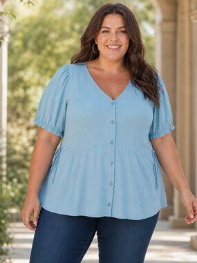 torrid Light Tealish Blue V-Neck Button Front Tunic with Side Tie
